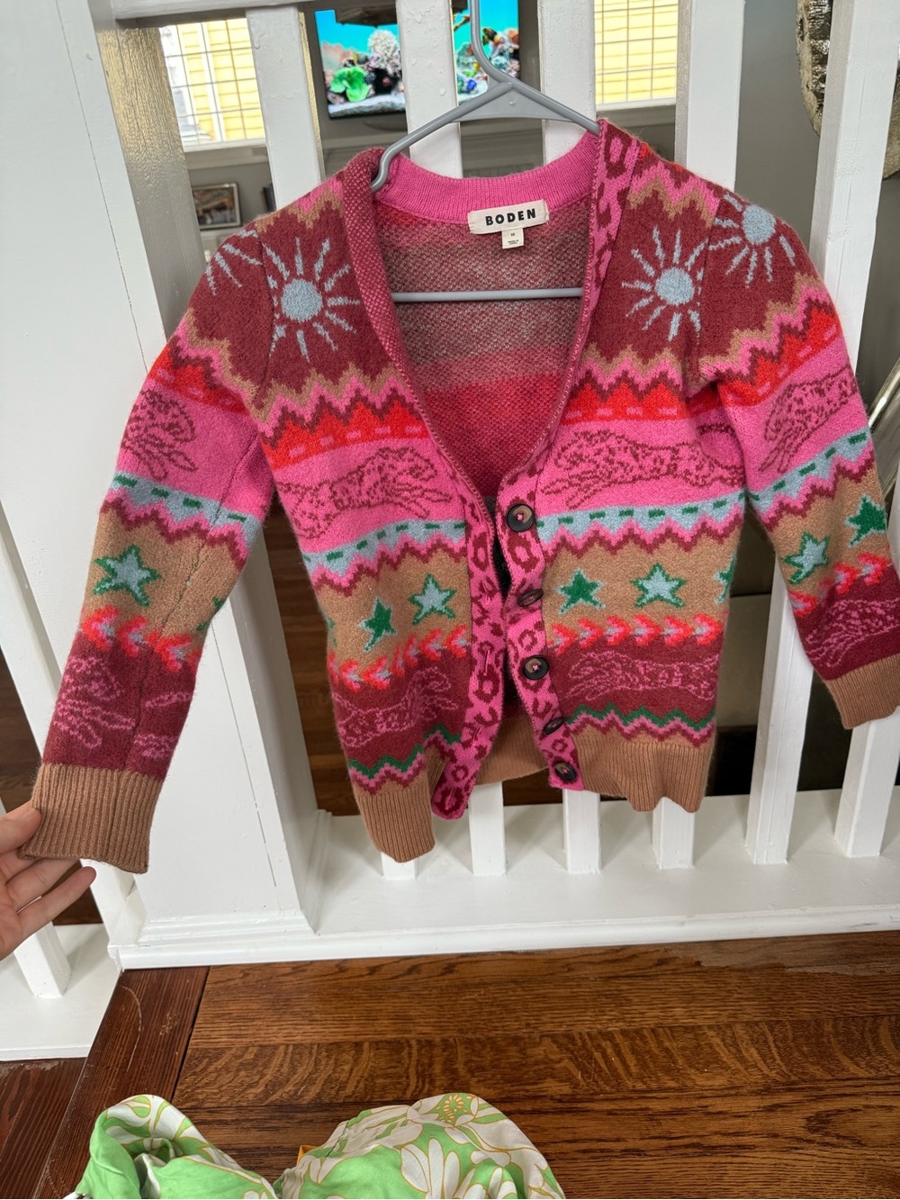 Boden Pink Multi Fair Isle V-Neck Button Cardigan Sweater